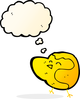 Bir insan tarafından çizilmiş düşünce baloncuklu çizgi film kuşu.