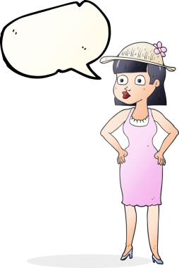 Bir insan tarafından çizilmiş güneş şapkalı serbest konuşma balonu karikatürü kadın.