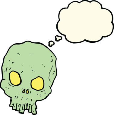 Bir insan tarafından çizilmiş düşünce baloncuklu garip kafatası.