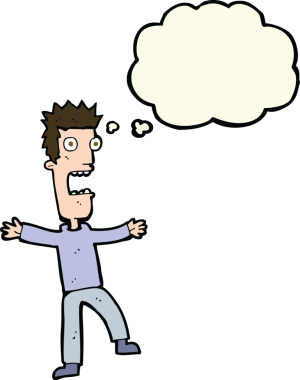 Bir insan tarafından çizilmiş düşünce baloncuğuyla dehşete düşmüş bir adam.