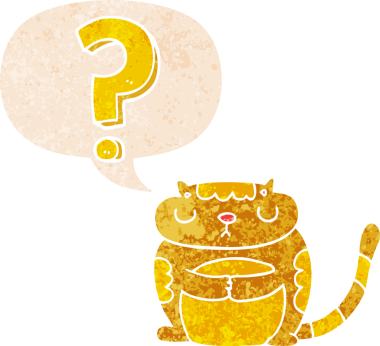 soru işaretli çizgi film kedisi grunge sıkıntılı retro desenli bir insan tarafından çizilmiş konuşma balonu