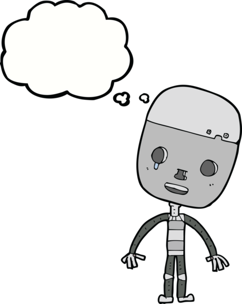 bir insan tarafından çizilmiş konuşma balonlu üzgün robot çizgi filmi.