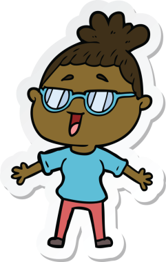 Bir insan tarafından çizilmiş gözlüklü mutlu bir kadının çıkartması.