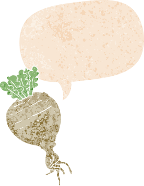 grunge içinde konuşma balonu olan karikatür kökü sebzesi bir insan tarafından çizilmiş rahatsız edilmiş retro desen tarzı