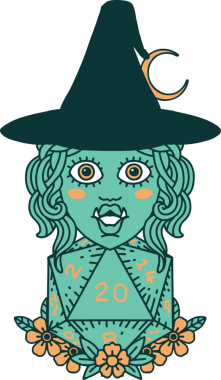 Retro Dövme Biçimi Yarı Ork Cadı Bir insan tarafından çizilmiş 20 zar ile