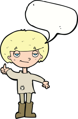 Kötü giyinmiş çizgi filmci çocuk bir insan tarafından çizilmiş konuşma baloncuğuyla baş parmak işareti yapıyor.