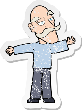 Bir karikatürün gerilimli çıkartması. Yaşlı bir adam, bir insan tarafından çekilen kollarını açıyor.