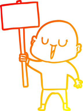 Bir insan tarafından çizilmiş tabelayla mutlu, kel bir adamın sıcak çizgi çizimi.