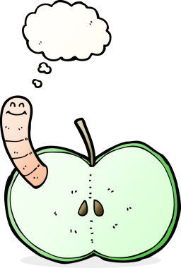 Bir insan tarafından çizilmiş düşünce baloncuğu solucanlı çizgi film elması