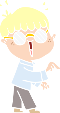 Bir insan tarafından çizilmiş gözlük takan düz renkli çizgi film çocuğu.