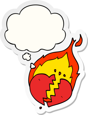 Düşünce baloncuğu insan tarafından çizilmiş bir çıkartma gibi yanan bir kalp.