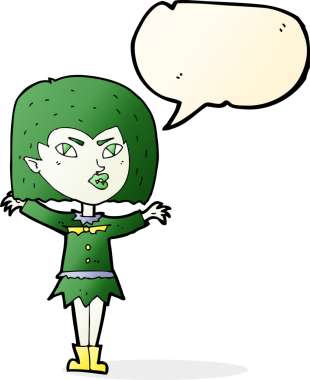 Bir insan tarafından çizilmiş konuşma balonu olan vampir kız.