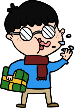 Bir insan tarafından çizilmiş noel hediyeli gözlük takan çizgi film çocuğu.