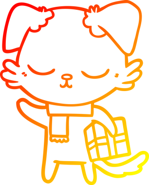 Bir insan tarafından çizilmiş Noel hediyeli şirin bir köpeğin sıcak çizgi çizimi.