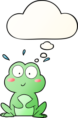 Bir insan tarafından çizilmiş yumuşak eğimli düşünce baloncuğu olan sevimli çizgi film kurbağası.