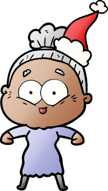 Bir insan tarafından çizilmiş Noel Baba şapkası giyen mutlu yaşlı bir kadının el çizimi karikatürü.