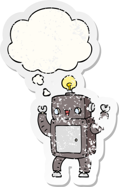 Düşünce baloncuğu olan mutlu çizgi film robotu insan tarafından çizilmiş yıpranmış bir çıkartma.