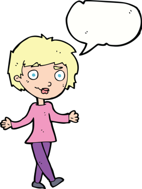 Bir insan tarafından çizilmiş konuşma balonu olan kafası karışık bir kadın çizgi filmi.