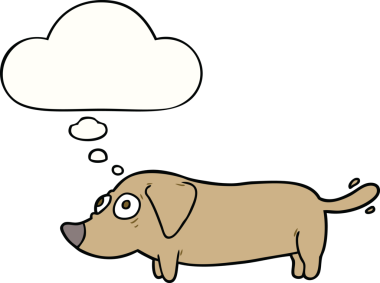 Bir insan tarafından çizilmiş düşünce baloncuklu çizgi film köpeği.