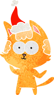 Mutlu el çizimi, Noel Baba şapkası takan bir kedinin insan tarafından çizilmiş retro karikatürü.