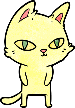 Bir insan tarafından çizilmiş parlak gözlü çizgi film kedisi.