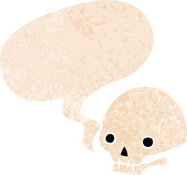 grunge 'da konuşma baloncuğu olan karikatürlü ürkütücü kafatası bir insan tarafından çizilmiş tedirgin geçmiş dokuma tarzı