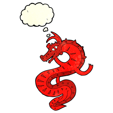 Bir insan tarafından çizilmiş düşünce balonlu Sakson ejderha çizgi filmi.