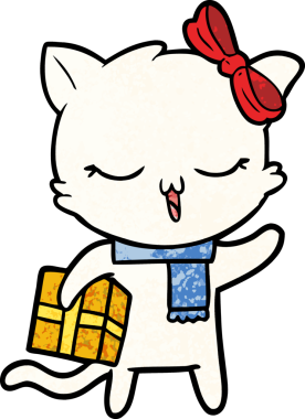 Bir insan tarafından çizilmiş Noel hediyeli çizgi film kızı kedi.