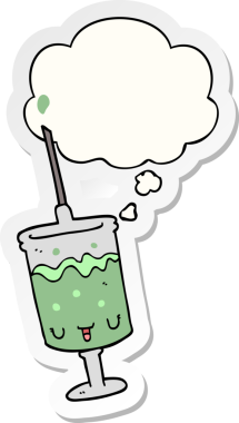 Düşünce baloncuğu olan karikatür şırıngası insan tarafından çizilmiş bir çıkartma.