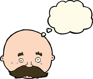 Düşünce baloncuğu çizilmiş bıyıklı kel bir adam.