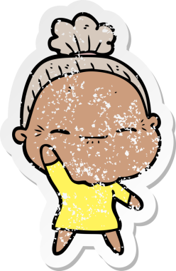 Bir insan tarafından çizilmiş barışçıl yaşlı bir kadının sıkıntılı çıkartması.