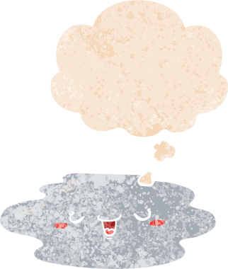 Yüzünde düşünce kabarcığı olan karikatür birikintisi. Grunge 'da sıkıntılı retro desenli bir insan çizimi.