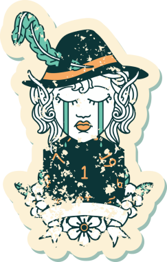 Retro Dövme Tarzı Ağlayan Elf Ozan Karakteri Bir insan tarafından çizilmiş doğal D20 rulo