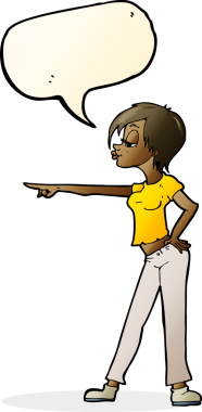 Bir insan tarafından çizilmiş bir konuşma balonuyla işaret eden çizgi film kadını.