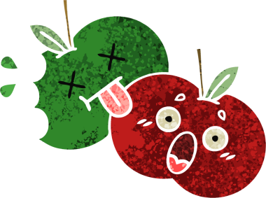 Bir insan tarafından çizilmiş sulu bir elmanın retro çizim tarzı karikatürü