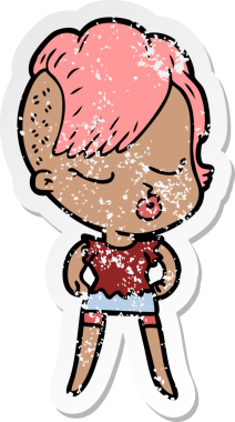 Çizgi film çıkartması. Bir insan tarafından çizilmiş güzel hippi kız.