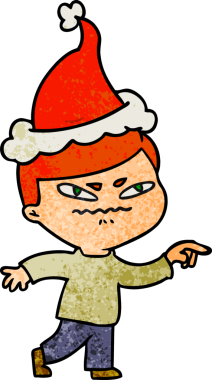 Bir insan tarafından çizilmiş Noel Baba şapkası giymiş kızgın bir adamın el çizimi karikatürü.