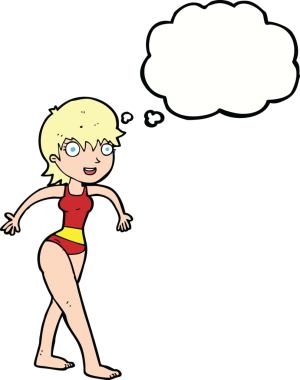 Bir insan tarafından çizilmiş düşünce balonlu yüzme kostümlü mutlu kadın çizgi filmi.