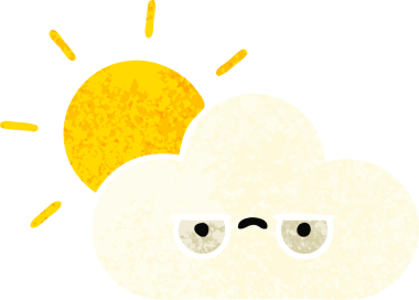 Bir insan tarafından çizilmiş güneş ve bulutun retro çizim tarzı karikatürü