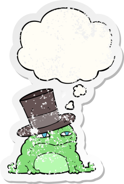 Düşünce baloncuğu olan zengin bir çizgi film karakurbağası insan tarafından çizilmiş yıpranmış bir çıkartma.