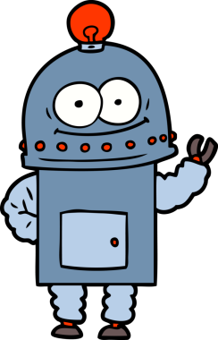 Bir insan tarafından çizilmiş ampullü mutlu karton robot.