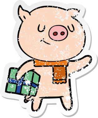 Bir insan tarafından çizilmiş Noel hediyeli mutlu bir domuzun sıkıntılı çıkartması.