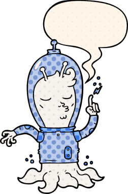 Bir insan tarafından çizilmiş çizgi roman tarzında konuşma balonu olan bir uzaylı.