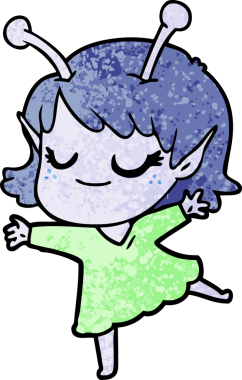 Bir insan tarafından çizilmiş gülümseyen uzaylı kız çizgi filmi.