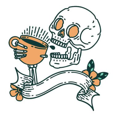 Basit bir döngülü geleneksel dövme. Kafatası dövmesi kahve içiyor.