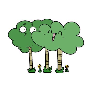 Yüzleri olan basit bir çizgi film ağacı.