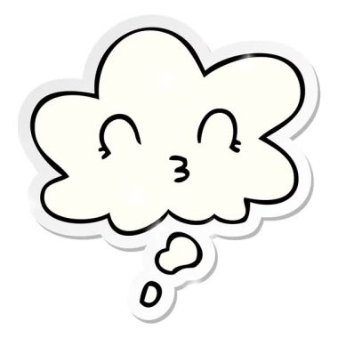 Yazılı çıkartma olarak düşünce baloncuğu olan basit bir döngülü mutlu çizgi film yüzü.