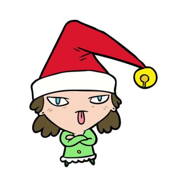 Noel şapkası takan basit bir çizgi film kızı.