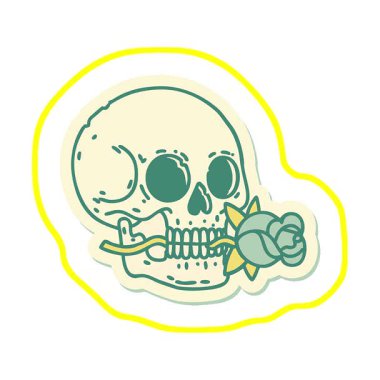 Dişlerinde gül olan basit bir kafatası.