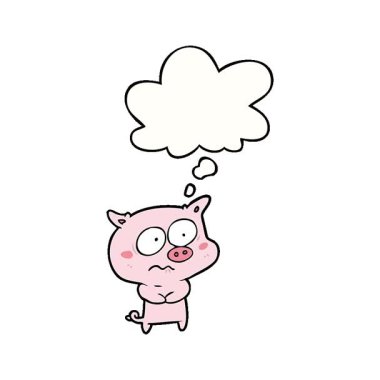 Düşünce baloncuklu basit bir çizgi film karakteri sinirli domuz.